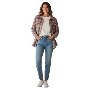 American Eagle Y2K Blue Orange Plaid Soft Flannel Long Sleeve Blouse size Medium